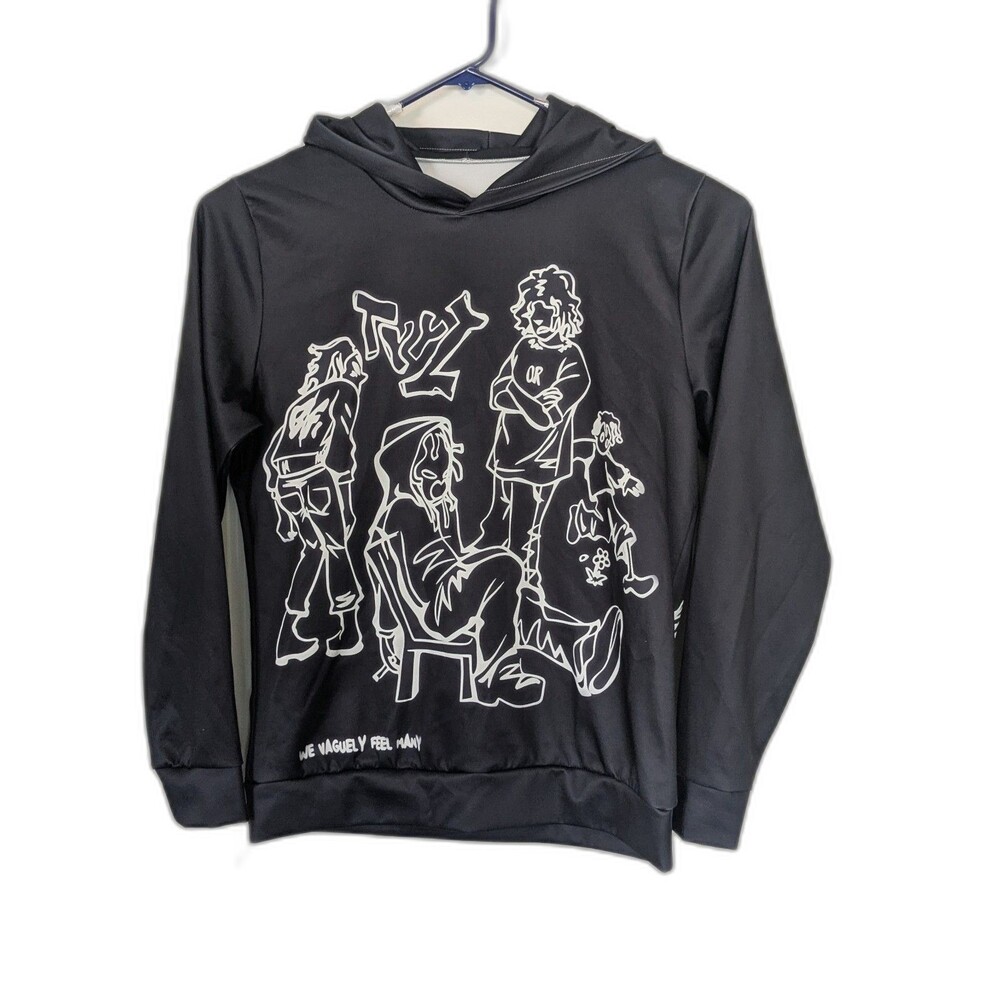 We Vaguely Feel Many Hoodie Large Black Graphic Anime Harajuku Y2K Streetwear